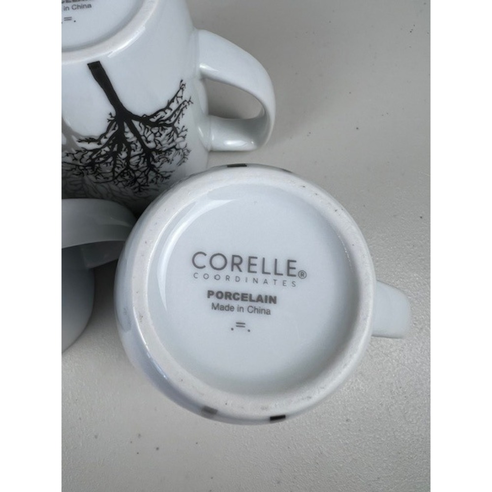 Corelle Coordinates TIMBER SHADOWS Porcelain Tree Coffee Tea Mugs White Set of 4 - Picture 3 of 12